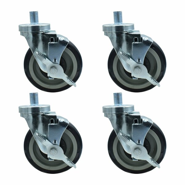 Bk Resources 5-inch Threaded Stem Casters, Polyurethane Wheels, Top Lock Brake, 300lb Capacity, 4PK 5SBR-6ST-PLY-PS4